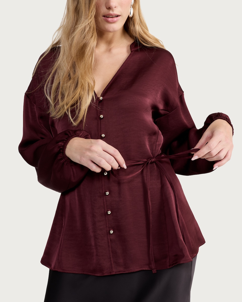 image 1 of F&F Satin Button Front Tie Waist Blouse in Burgundy