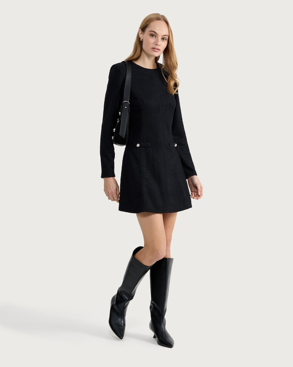 image 1 of F&F Boucle Textured Long Sleeved Mini Dress in Black