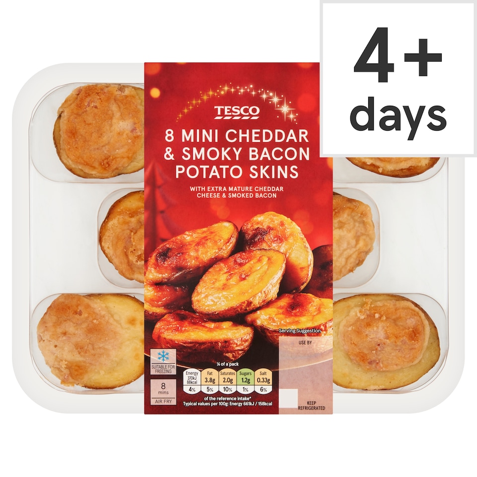 Tesco 8 Mature Cheddar & Smoky Bacon Skins 224G