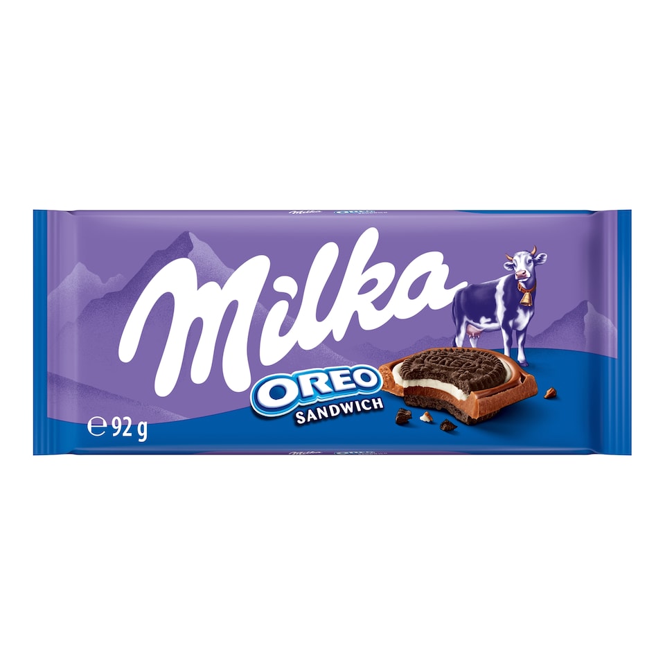 Milka Oreo Sandwich kakaós kekszek vaníliaízű, tejes krémtöltelékkel alpesi tejcsokoládén 92 g