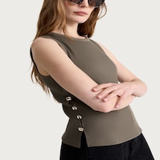 F&F Cotton Rich Ribbed Side Button Detail Vest in Khaki