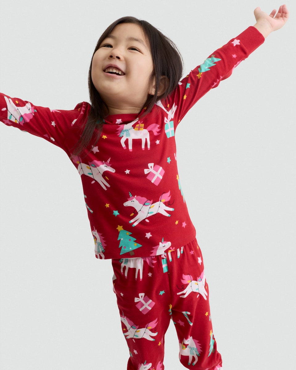 image 1 of F&F Girls Pure Cotton Christmas Unicorn Top and Cuffed Joggers Pyjamas in Red Multi