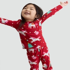 F&F Girls Pure Cotton Christmas Unicorn Top and Cuffed Joggers Pyjamas in Red Multi