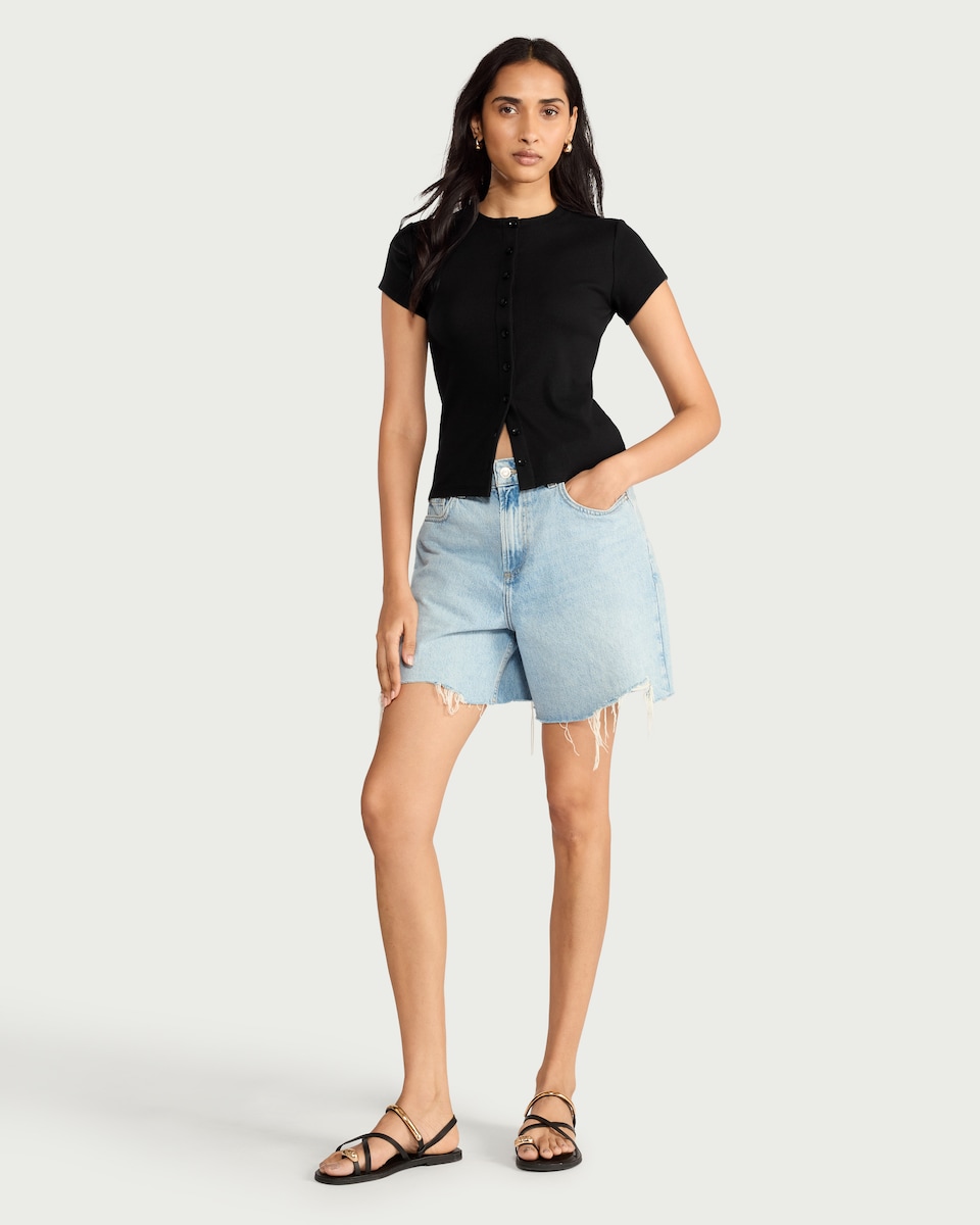 image 1 of F&F Cotton Rich Ribbed Button Up Top in Black