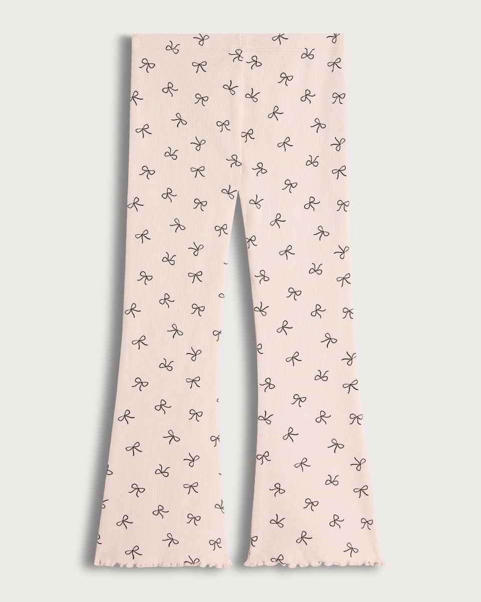 image 1 of F&F Girls 2-Pack Cotton Rich Bow Print Ribbed Flared Leggings in Burgundy