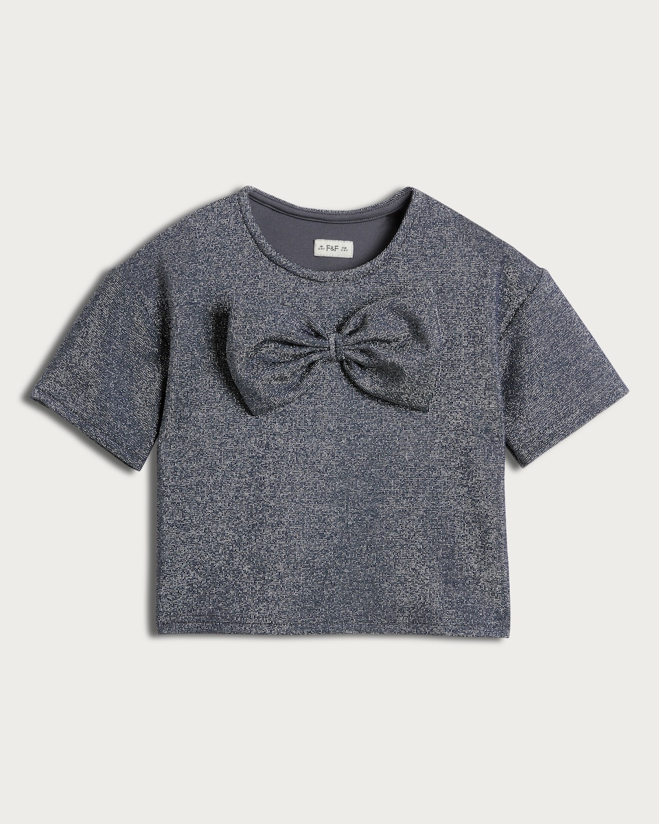 image 1 of F&F Girls 2-Piece Sparkle Bow Top and Skirt Set in Black