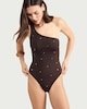 image 1 of F&F One Shoulder Embellished Swimsuit in Chocolate