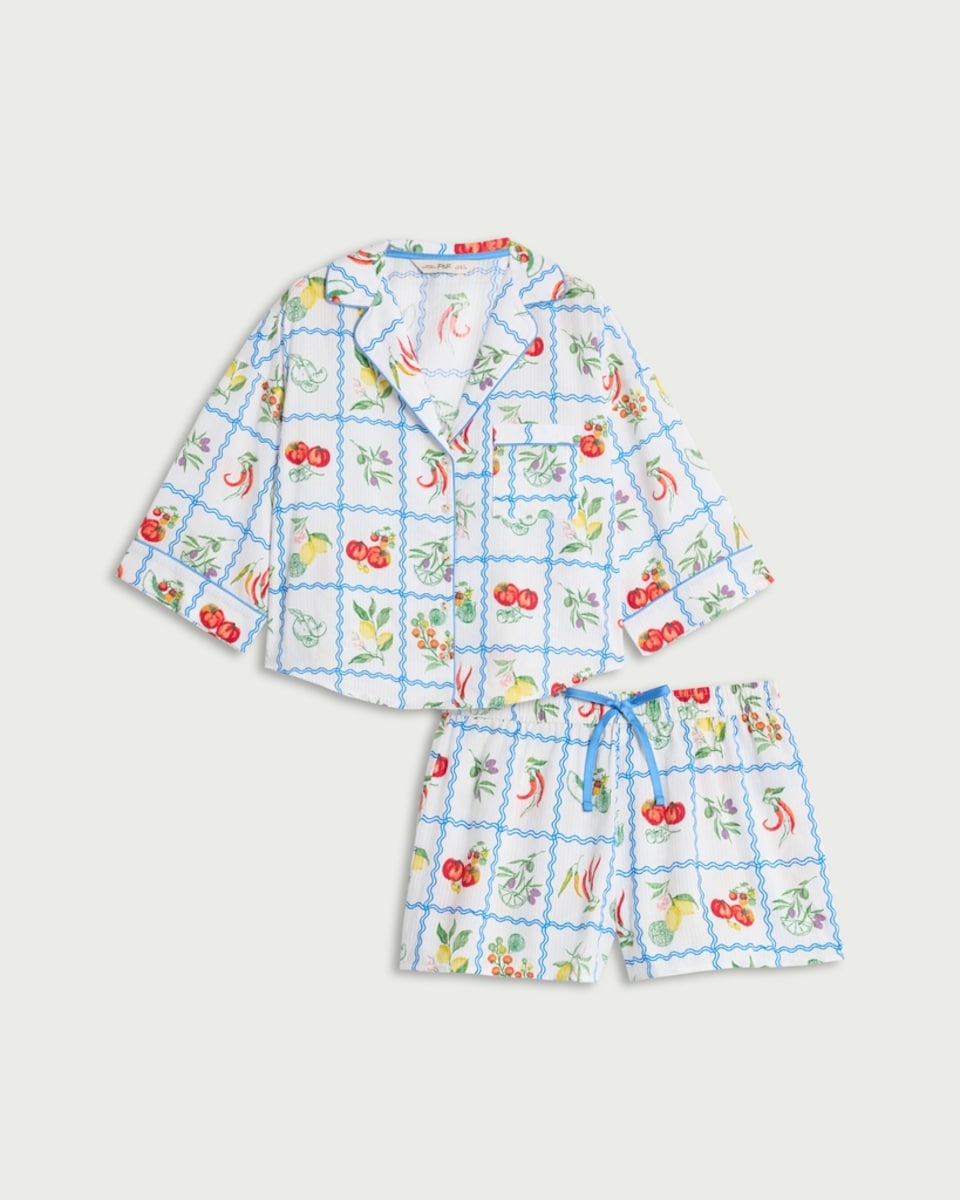 image 1 of F&F Pure Cotton Fruit Print Pyjama Set in Multi White