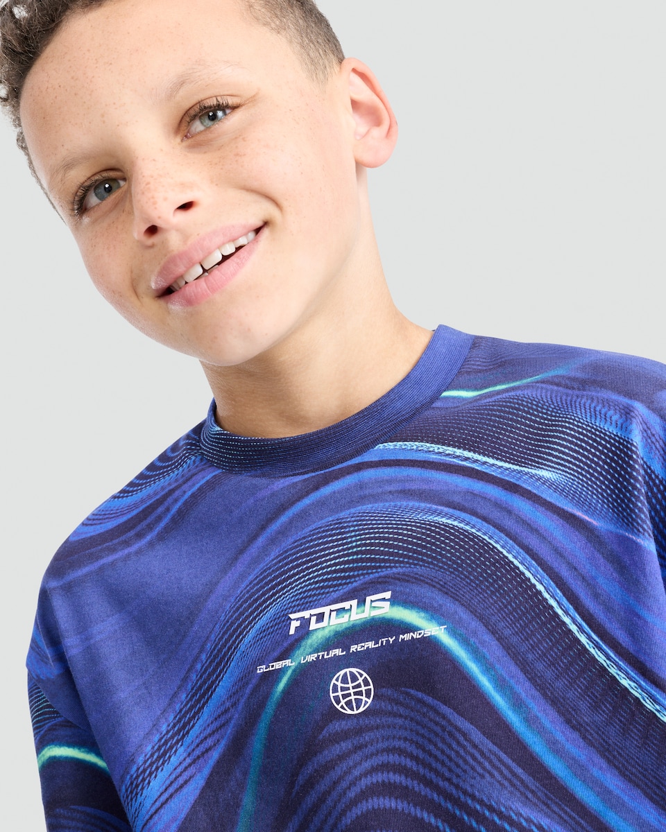 image 1 of F&F Boys Pure Cotton Focus Print Short Sleeved T-Shirt in Navy