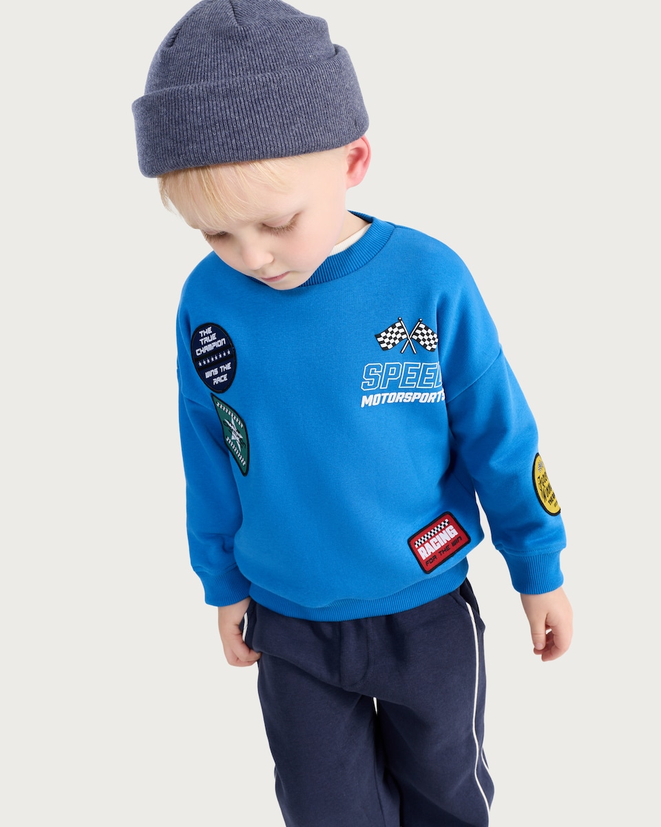 image 1 of F&F Boys Cotton Rich Speed Motorsports Slogan Sweatshirt in Blue