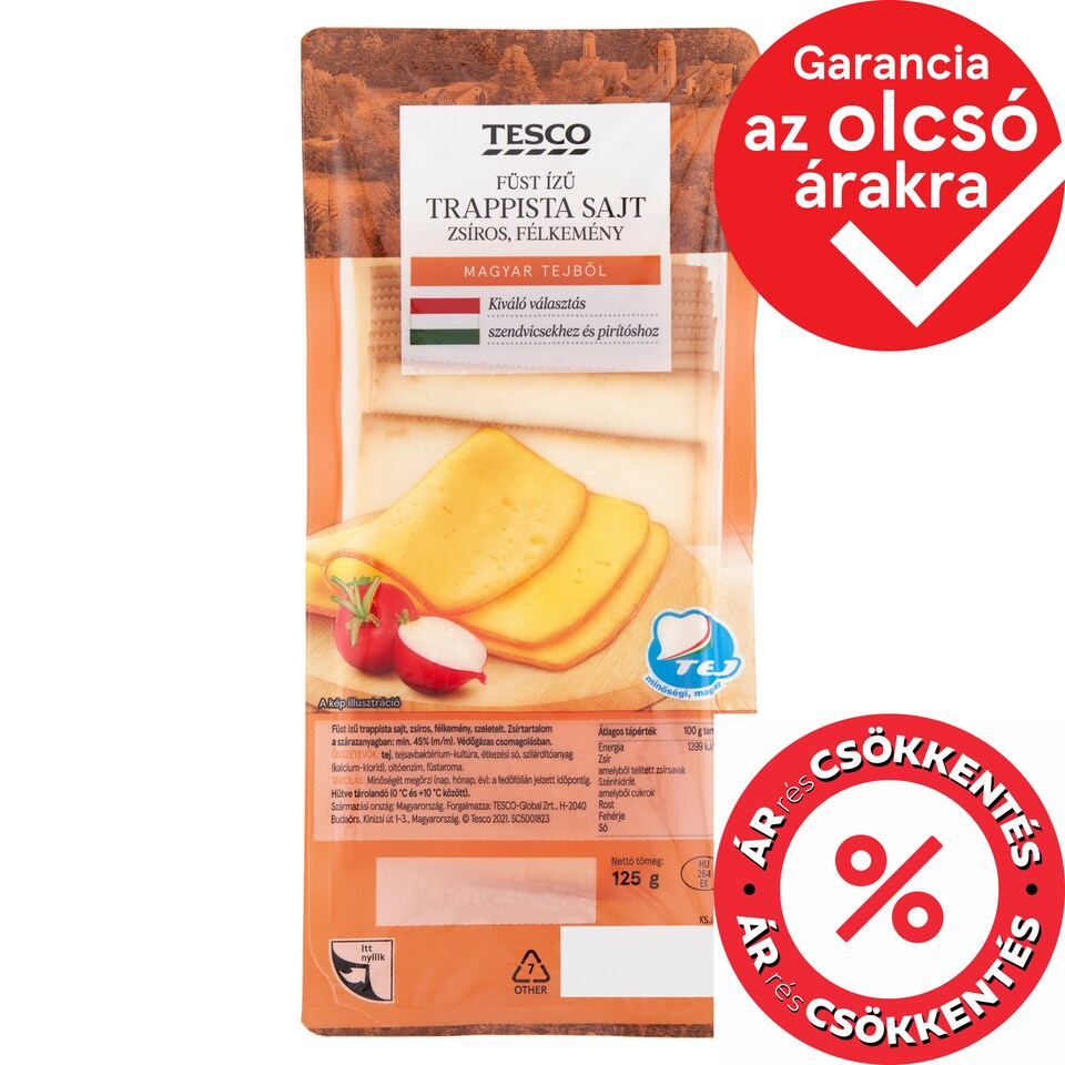 Tesco szeletelt, zsíros, félkemény, füst ízű trappista sajt 125 g
