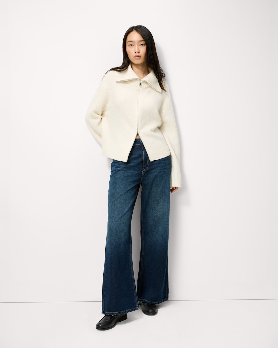 image 1 of F&F Roll Neck Zip Up Cardigan with Wool in Cream