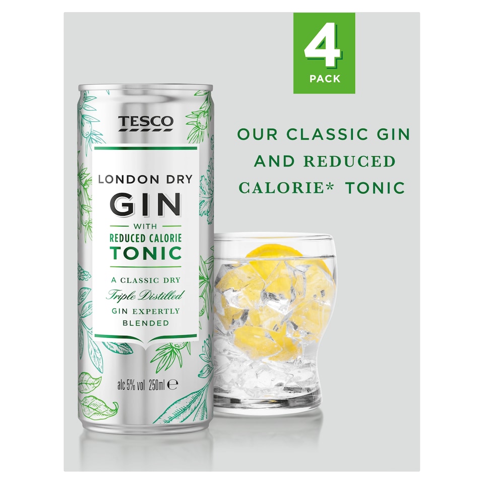 Tesco Dry Gin & Low Calorie Tonic 4X250ml