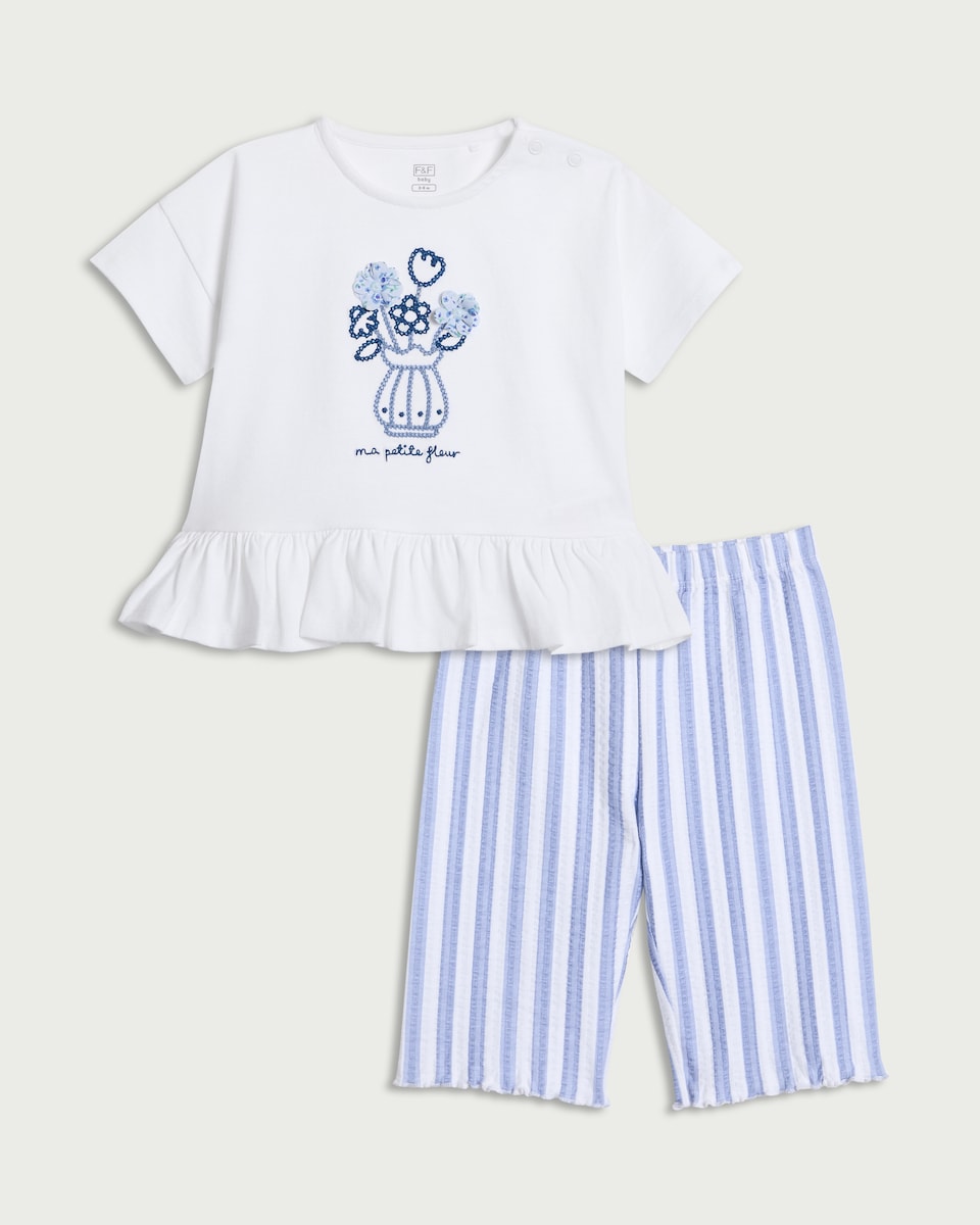 F&F Baby 2-Piece Pure Cotton Floral T-Shirt and Striped Trousers Set in White