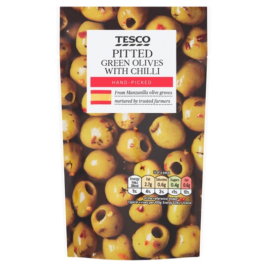 Tesco Pitted Green Olives With Chilli 70G Tesco Groceries