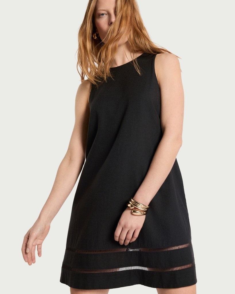 F&F Ladder Trim Hem Sleeveless Mini Dress with Linen in Black
