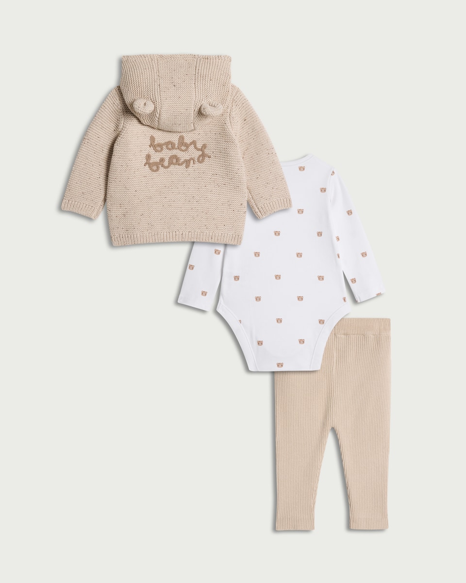 image 1 of F&F Baby 3-Piece Bear Knitted Cardigan, Bodysuit and Leggings Set in Neutral