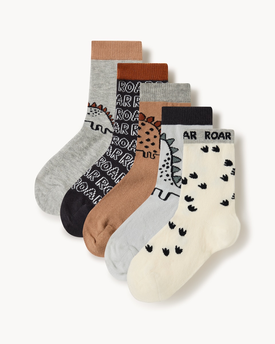 F&F Boys 5-Pack Cotton Rich Dinosaur Ankle Socks in Multi