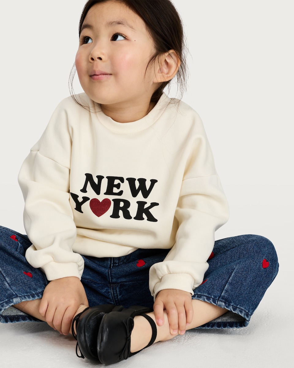image 1 of F&F Girls 2-Piece Cotton Rich Sweatshirt and Embroidered Jeans Set in Multi White