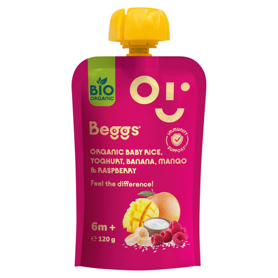 Beggs Bio dětská rýže s jogurtem, banánem, mangem a malinami 120g
