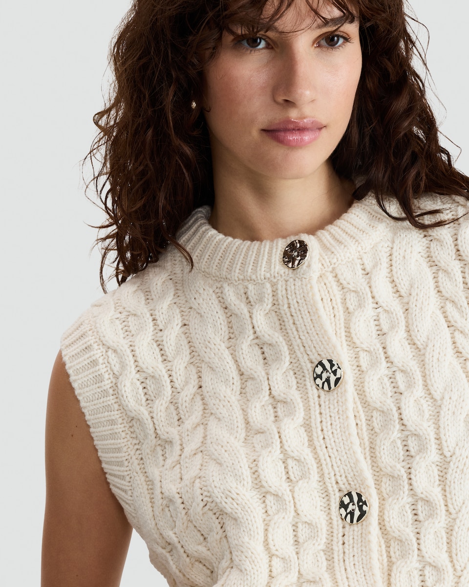 image 1 of F&F Cable Knit Sleeveless Cardigan in Neutral