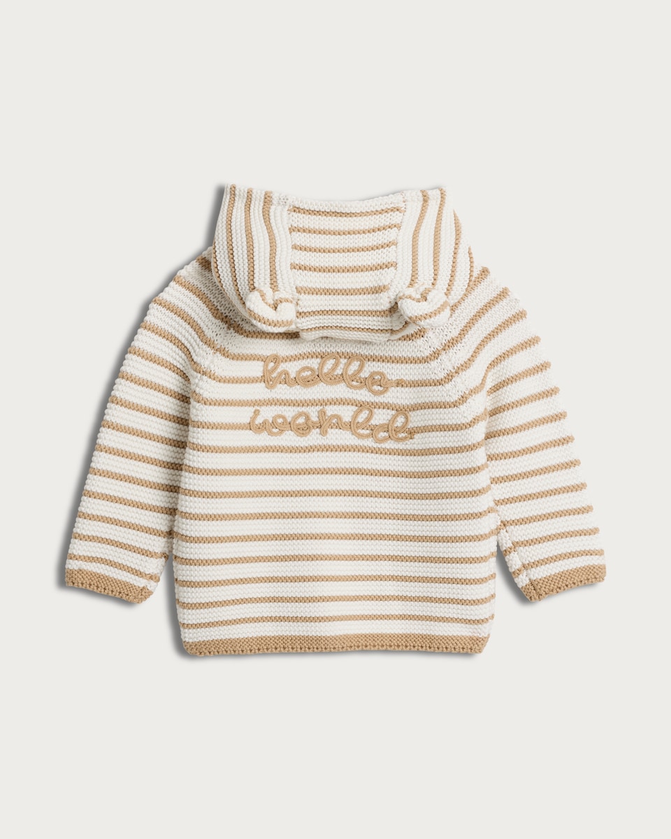 image 1 of F&F Baby Pure Cotton Knitted Hello World Hooded Cardigan in White