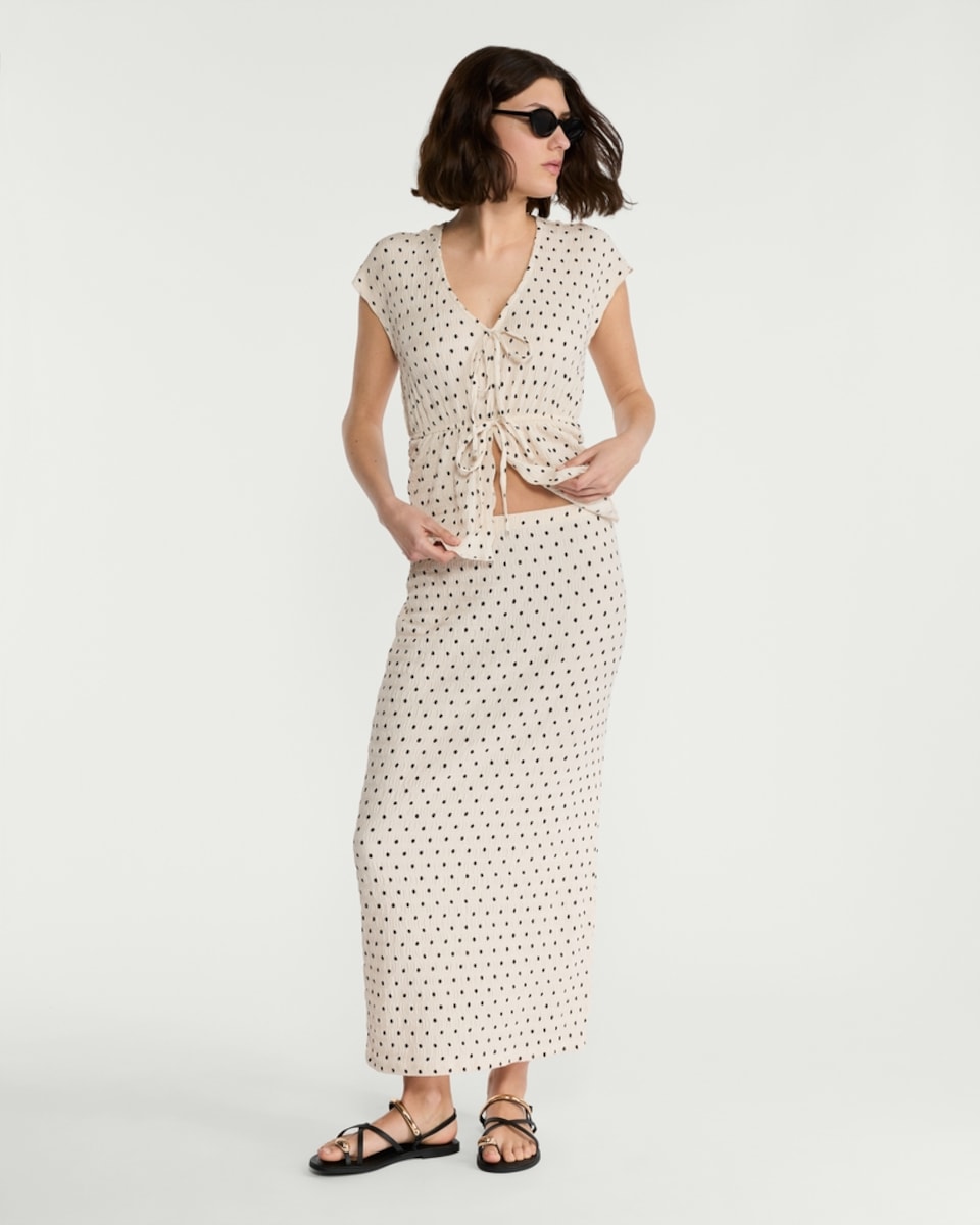 image 1 of F&F Textured Polka Dot Tie Front Co-ord Top in Multi White