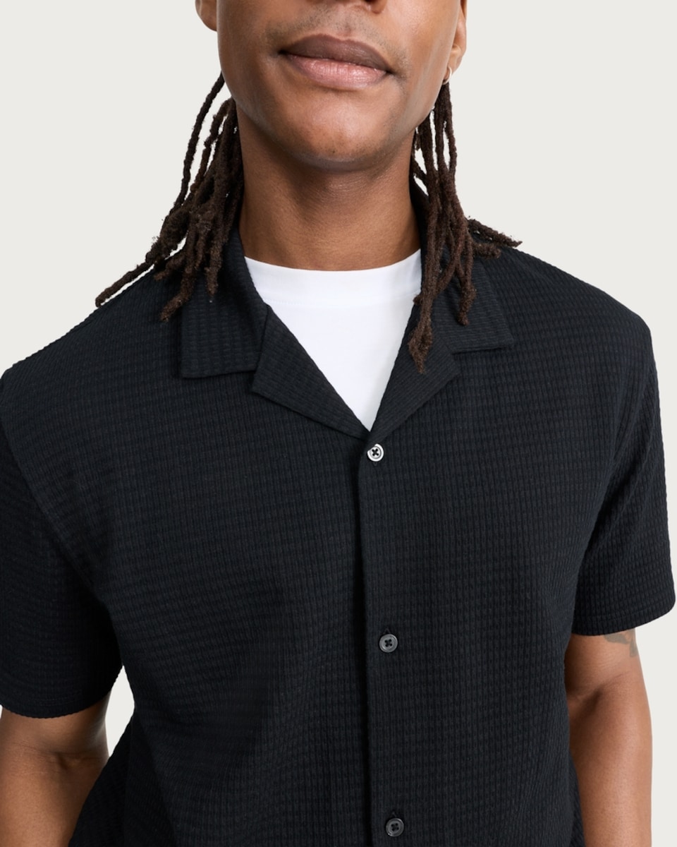 image 1 of F&F Cotton Rich Textured Short Sleeved Shirt in Black