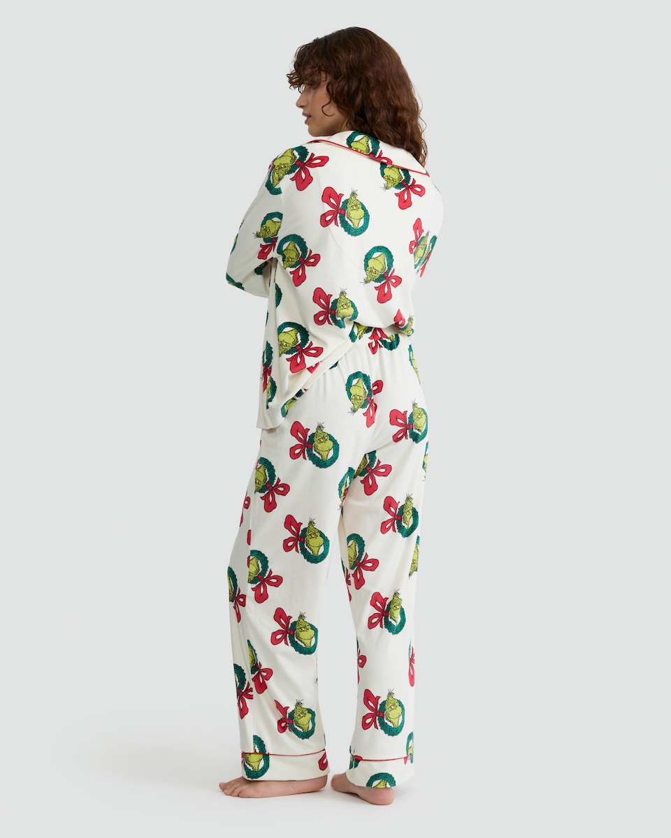 image 1 of The Grinch Wreath Print Shirt and Trousers Pyjamas in Stone