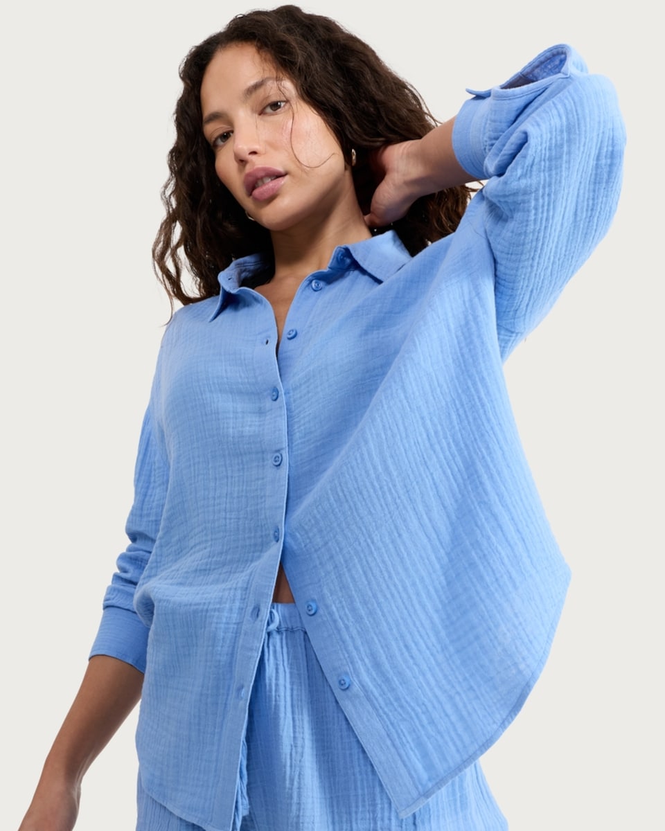 image 1 of F&F Pure Cotton Double Cloth Long Sleeved Shirt in Blue