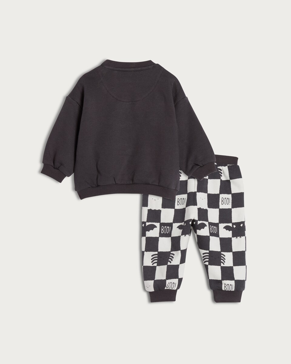 image 1 of F&F Baby 2-Piece Cotton Rich Boo Ghost Print Sweatshirt and Joggers Set in Dark Grey