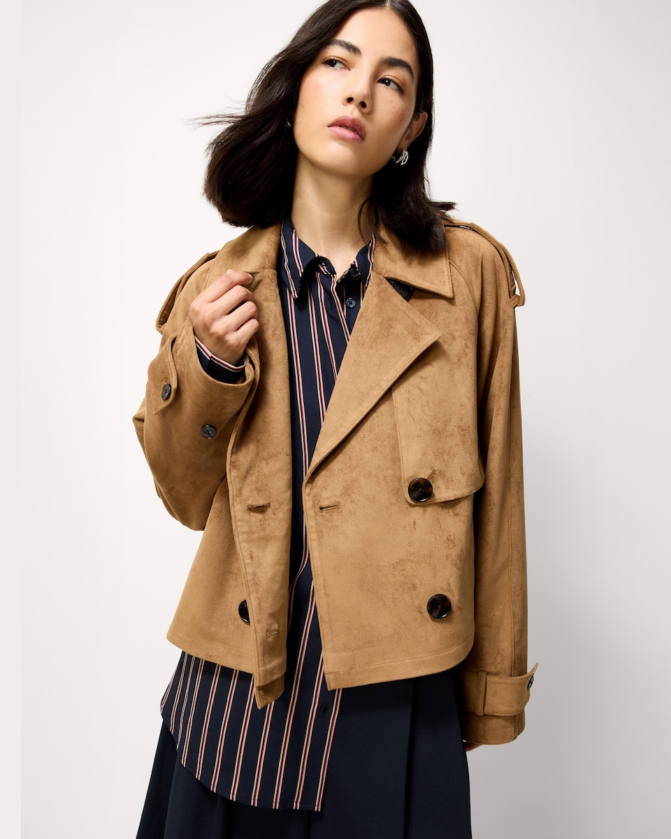 image 1 of F&F Faux Suede Cropped Trench Jacket in Med Nude