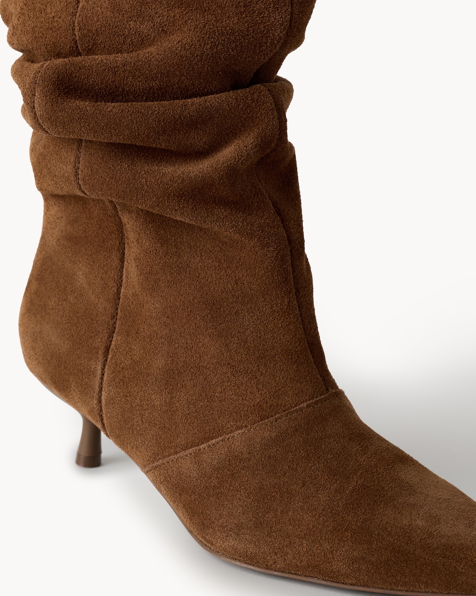 image 1 of SACHA Suede Kitten Heel Slouchy Boots in Brown