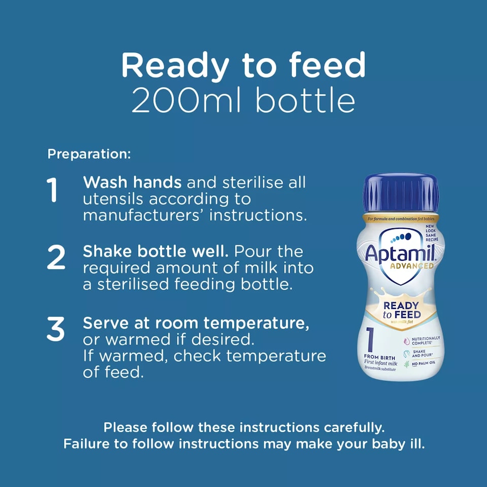 image 1 of Aptamil Advanced 1 First Baby Milk Formula Liquid Ready to Feed from Birth 4x200ml