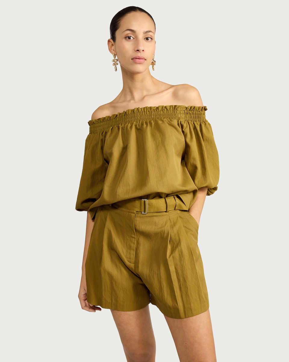image 1 of The F&F Edit Lyocell Blend Pleated Belted Co-ord Shorts in Olive