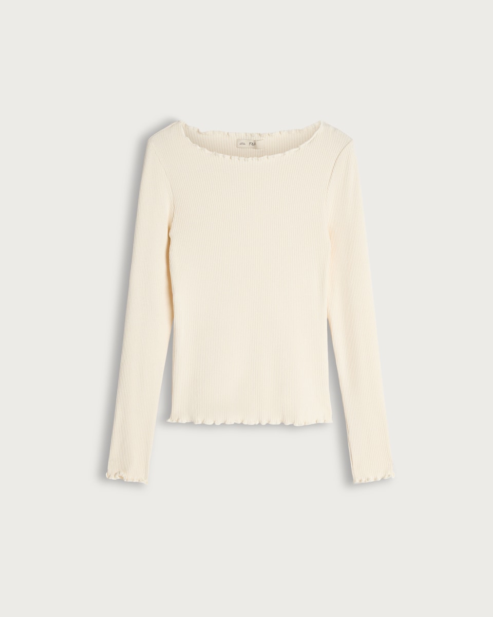 image 1 of F&F Ribbed Frill Detail Long Sleeved Top with Cotton in Cream