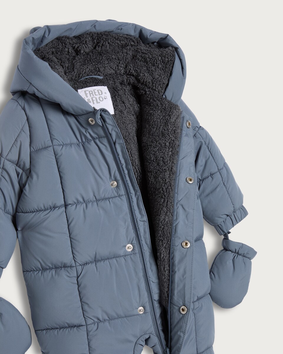 image 1 of F&F Baby Quilted Hooded Shower Resistant Pramsuit with Mittens in Blue