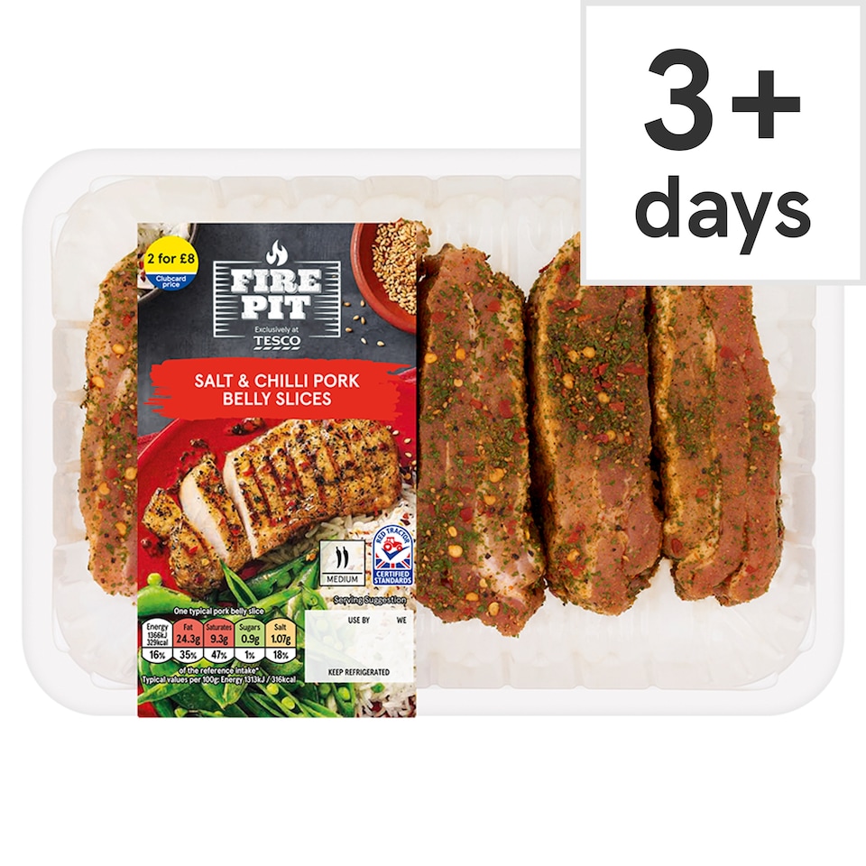 Tesco Fire Pit Salt & Chilli Pork Belly Slices 500G