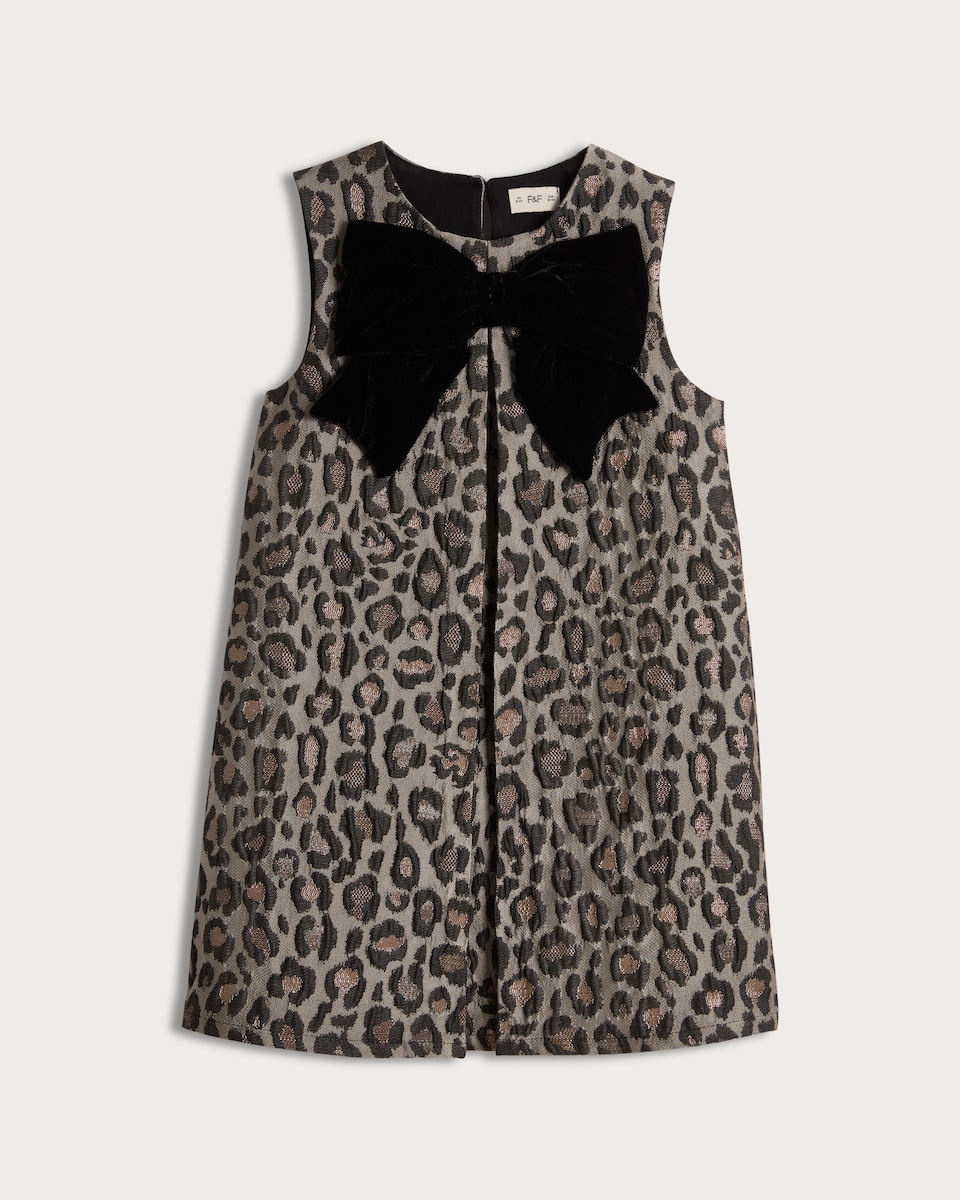 image 1 of F&F Girls Leopard Print Bow Accent Sleeveless Dress in Multi Brown