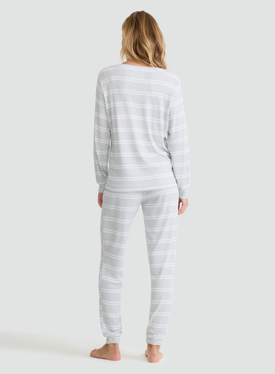 image 1 of F&F Ribbed Stripe Print Long Sleeved Top and Joggers Pyjamas in Grey