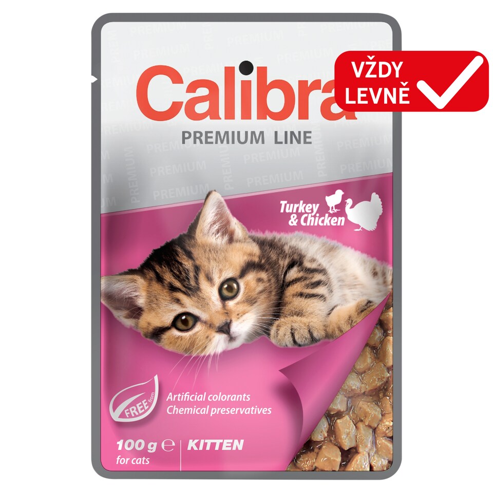 Calibra Premium Line kompletní krmivo pro koťata s krůtím a kuřecím v omáčce 100g