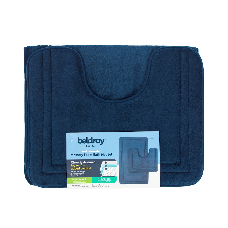 image 1 of Beldray Navy Anti-Mould Bath Mat & Pedestal Mat Set