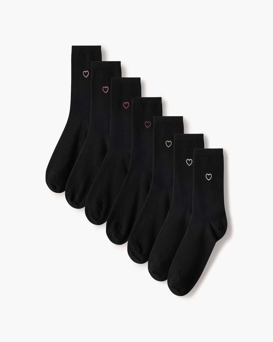 F&F 7-Pack Cotton Rich Heart Embroidered Ankle Socks in Black