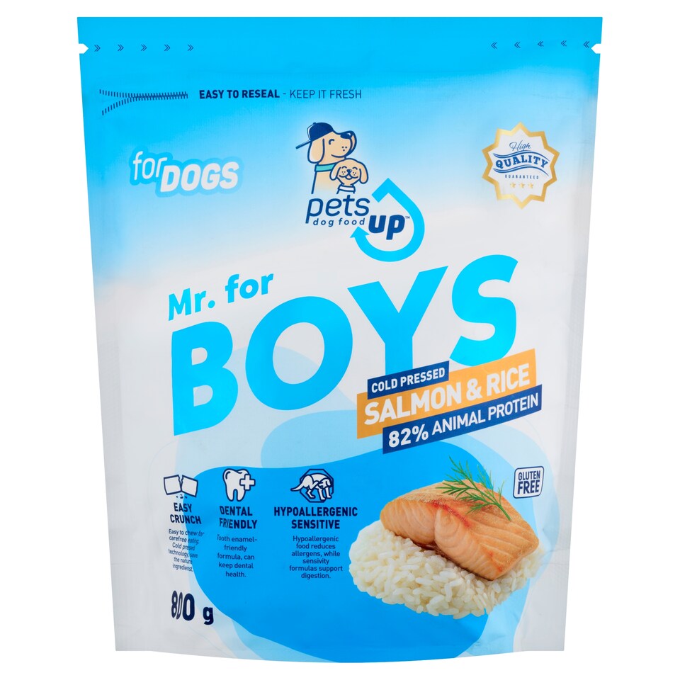 PetsUp Mr. for Boys érzékeny kutyák igényeihez igazodó lazac és rizs alapú prémium kutyatáp 800 g  1. kép