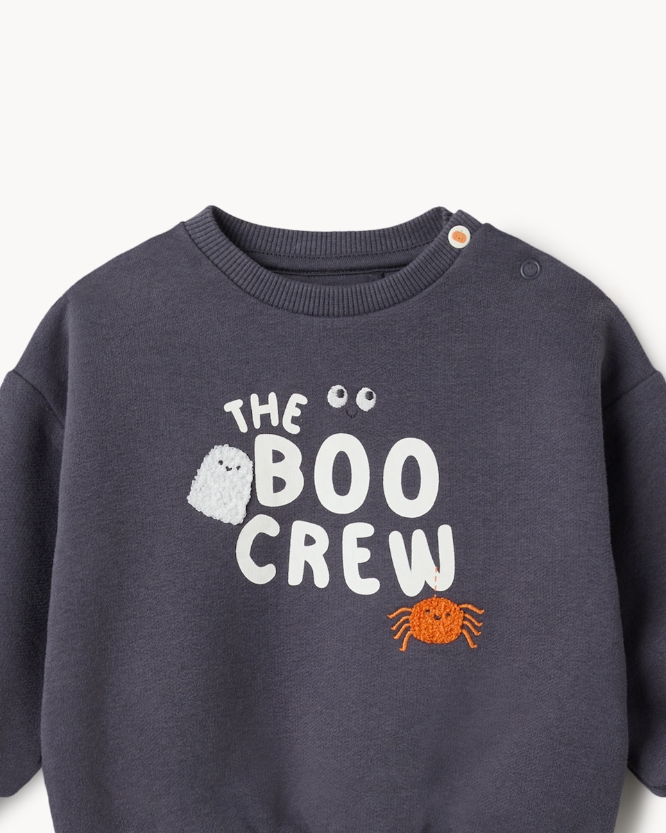 image 1 of F&F Baby Cotton Rich Halloween Boo Crew Sweatshirt and Joggers Set in Grey