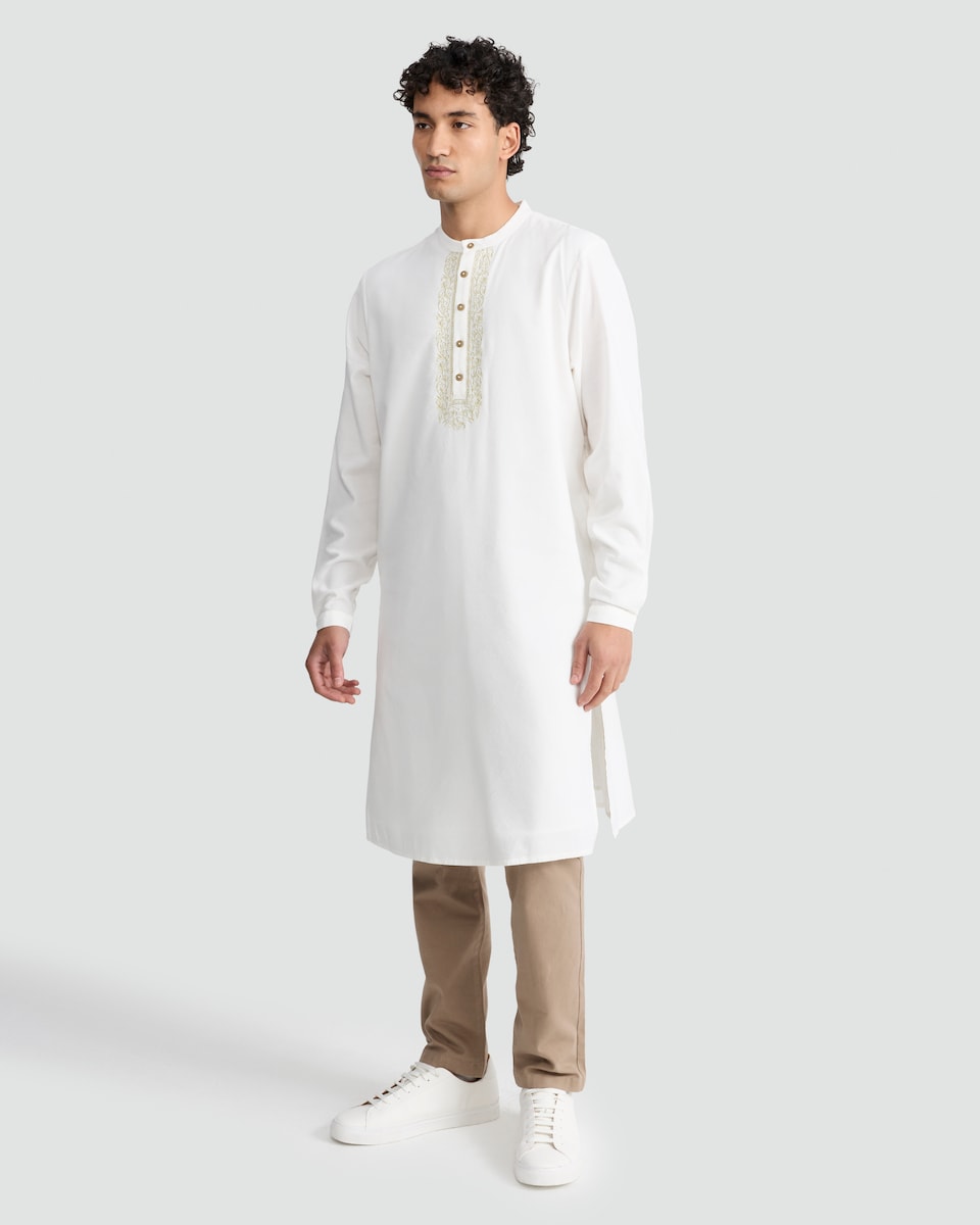 image 1 of F&F Cotton Blend Embroidered Longline Kurta Shirt in Cream