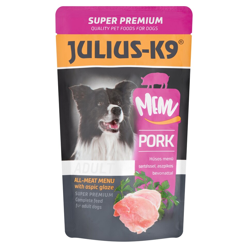 Julius-K9 húsos menü sertéssel aszpikos bevonattal teljes értékű eledel felnőtt kutyák számára 125 g