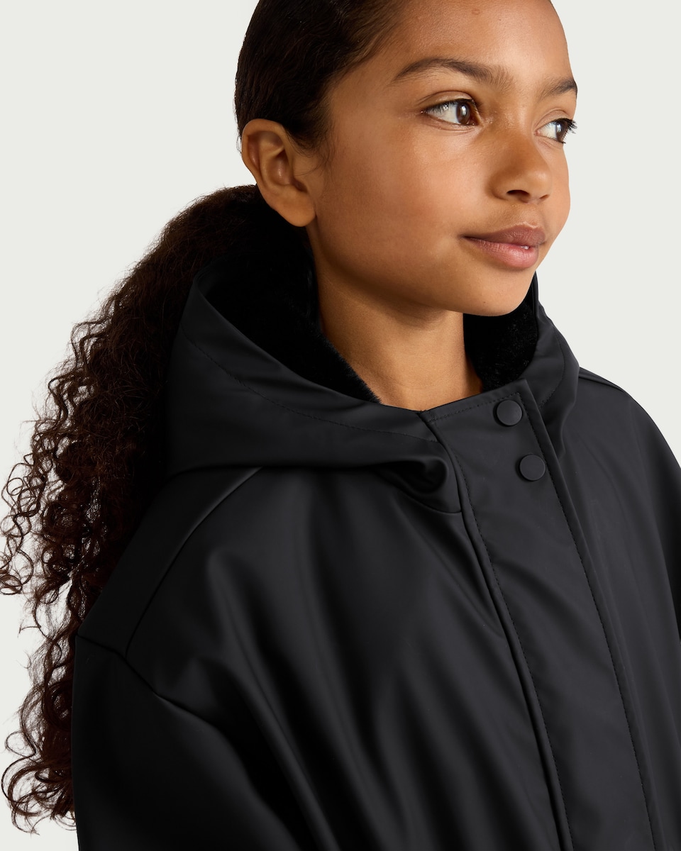 image 1 of F&F Girls Cinched Waist Hooded Raincoat in Black