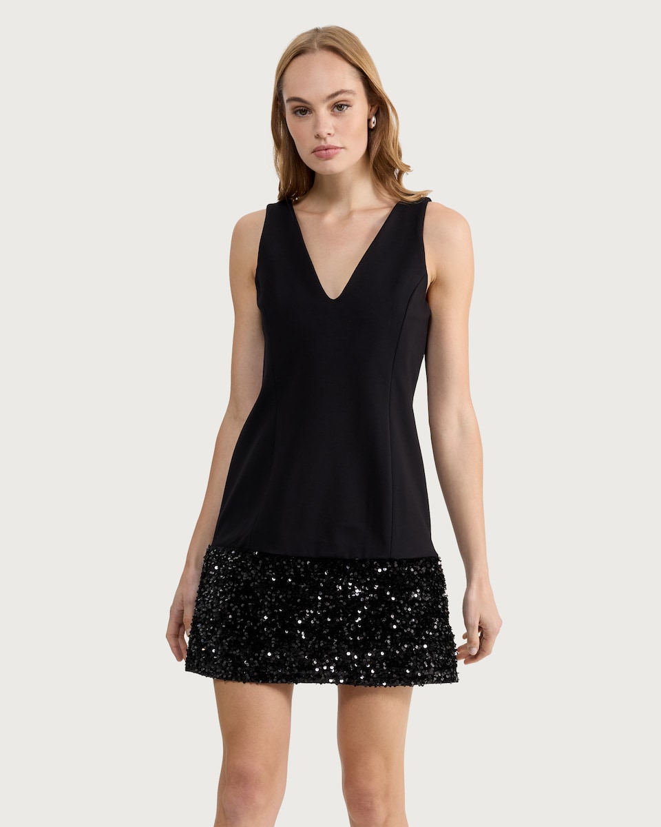 image 1 of F&F Sequin Hem V Neck Sleeveless Dress in Black