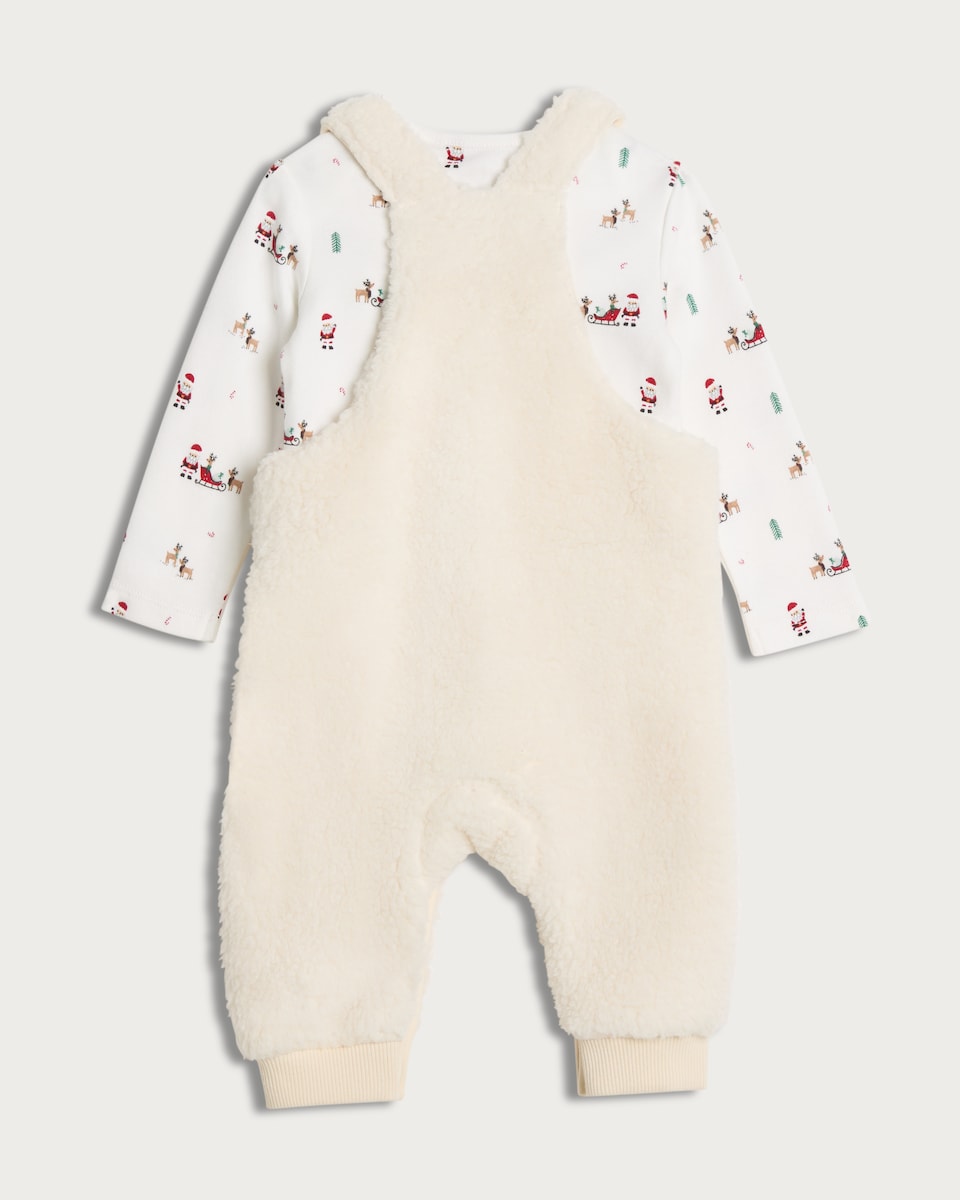 image 1 of F&F Baby Fleece Reindeer Face Dungarees and Bodysuit in White